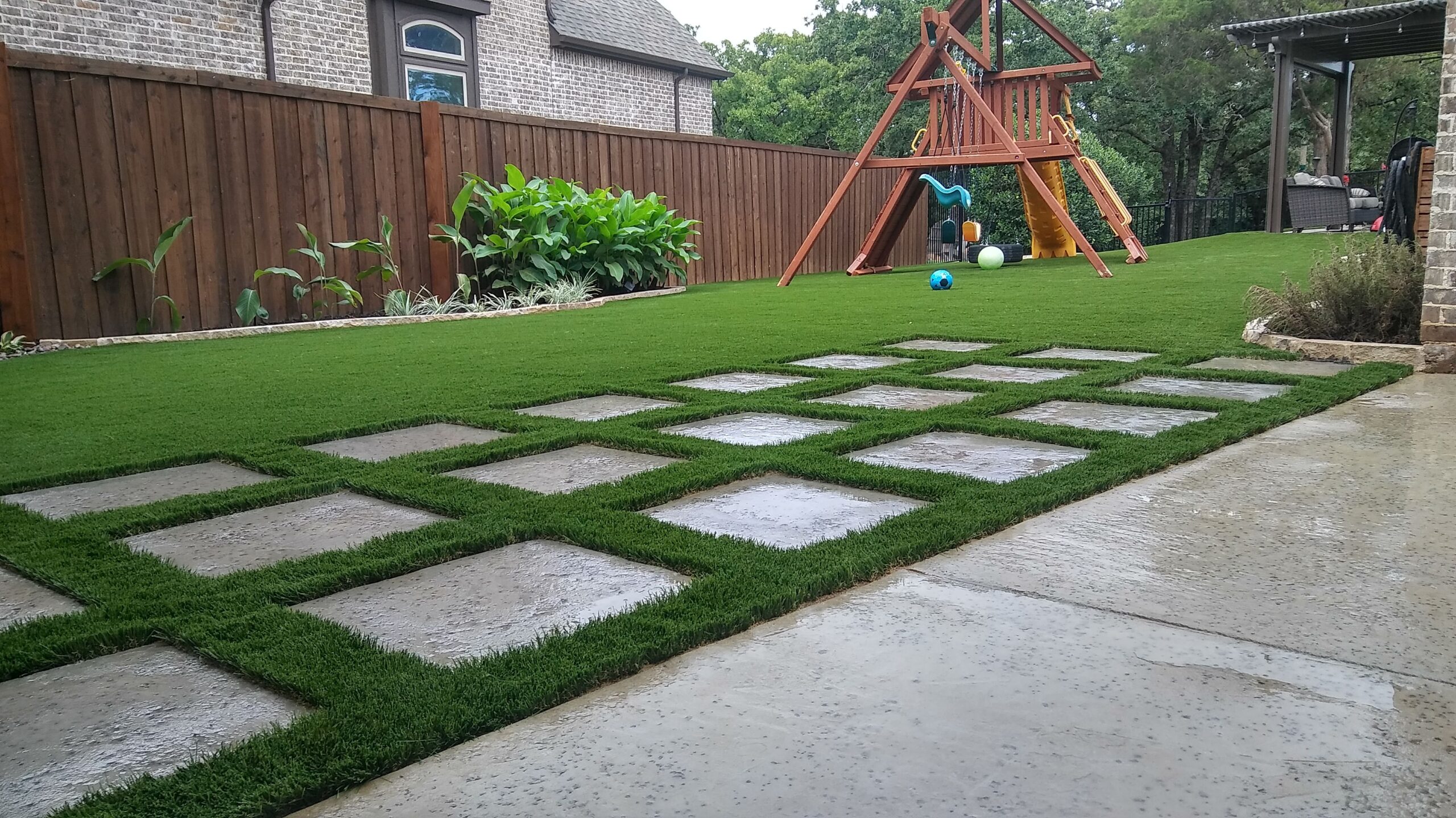 Residential artificial grass back yard