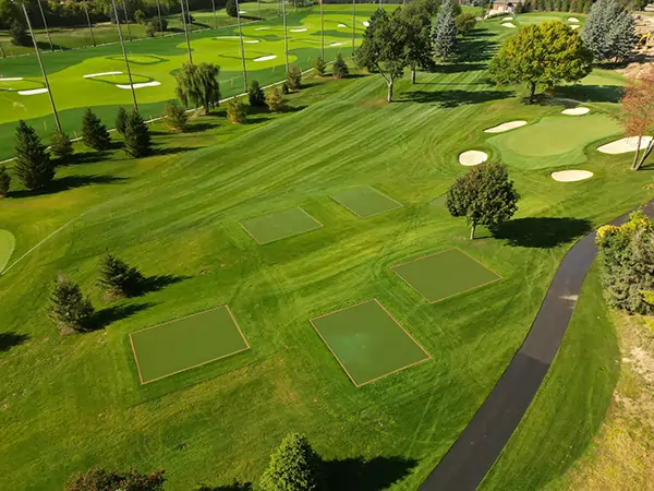 Drone shot of artificial grass tee lines